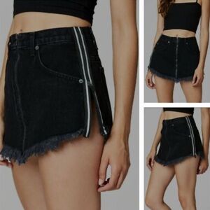 Carmar Beatrice neon green zip distressed denim mini skirt